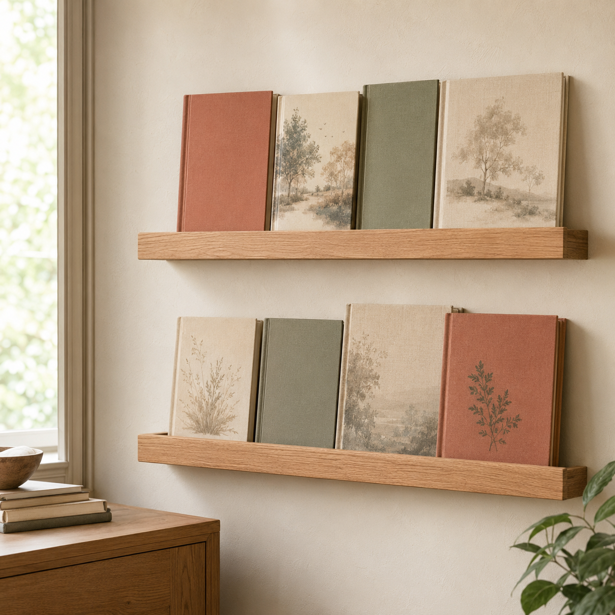 Oak Wall Book Display Ledges — Set of 2