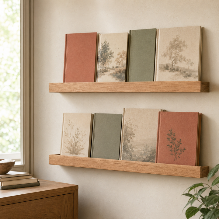 Oak Wall Book Display Ledges — Set of 2