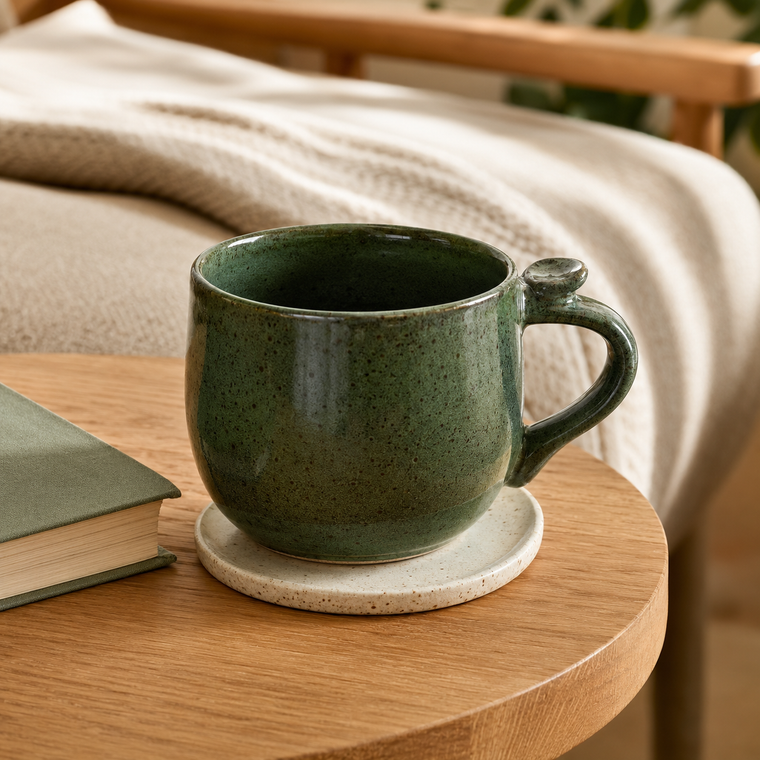 Ergonomic Ceramic Reading Mug & Coaster